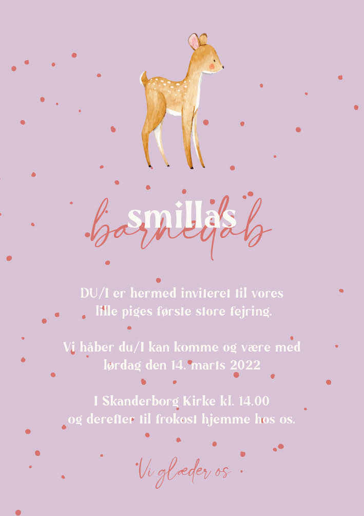 
                Rigtig fin dåbsinvitation med cute Bambi. Skriv dåbsbarnet øverst og selve invitationen herunder. Benyt bagsiden til flere praktiske oplysninger eller et foto af dåbsbarnet. Det er også populært at skrive en ønskeliste for dåbsbarnet. Til dåbsinvitationen findes alt det relaterede festpynt I har brug for i samme design i form af velkomstskilt, bordoversigt, menukort, bordkort, drinkskort, takkekort mm. således I kan skabe en rød tråd for barnedåben.                